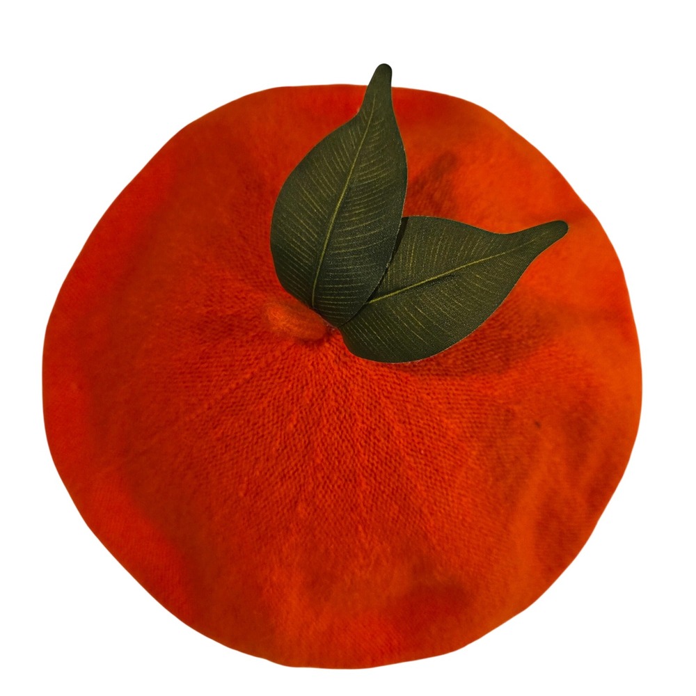 Orange Fruit Beret Hat with Green Leaves Wool Knit Citrus Costume Accessory